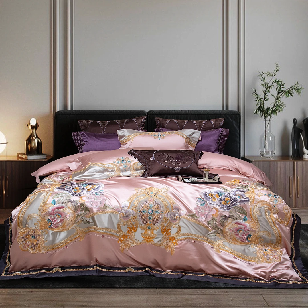 欧式高端奢华刺绣四件套140支丝棉纯棉丝滑贡缎结婚庆床上用品