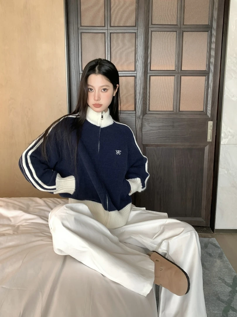 美式撞色立领宽松拉链毛衣针织衫棒球服开衫时尚百搭慵懒风上衣女