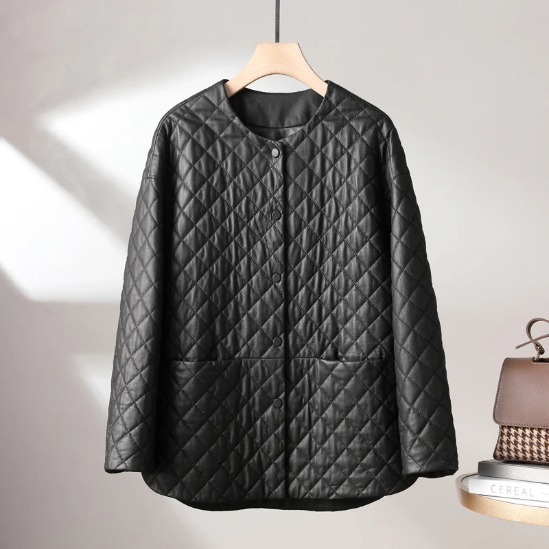 大表姐刘雯同款真皮菱格外套女海宁2023新款爆款棉服羊皮夹棉皮衣