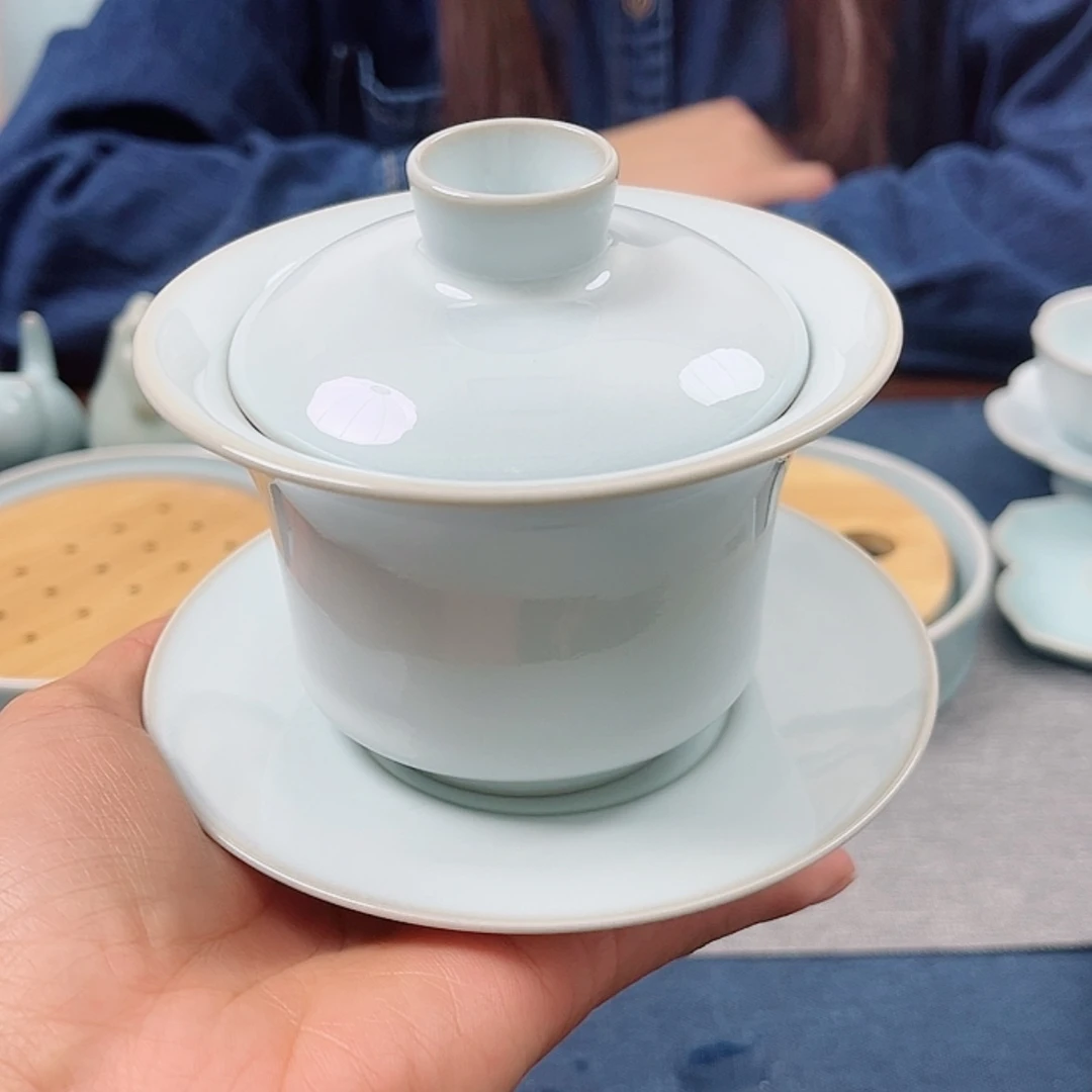 【闪购商品】瓷两*牛月白三才马蹄盖碗