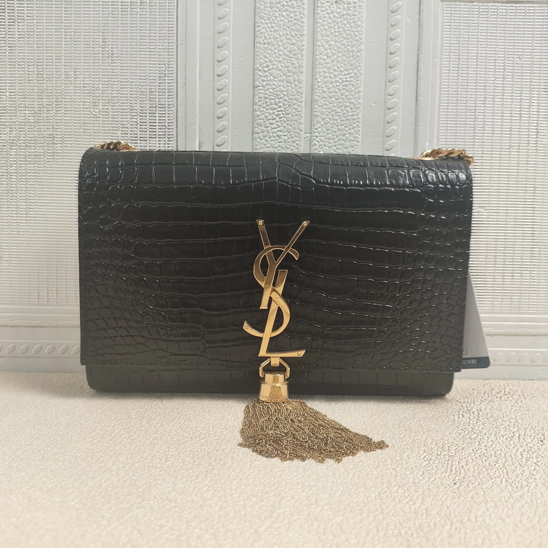 99新 YSL/圣罗兰 麦殿甄选/圣罗兰鳄鱼压纹流苏日落小号黑色/kate