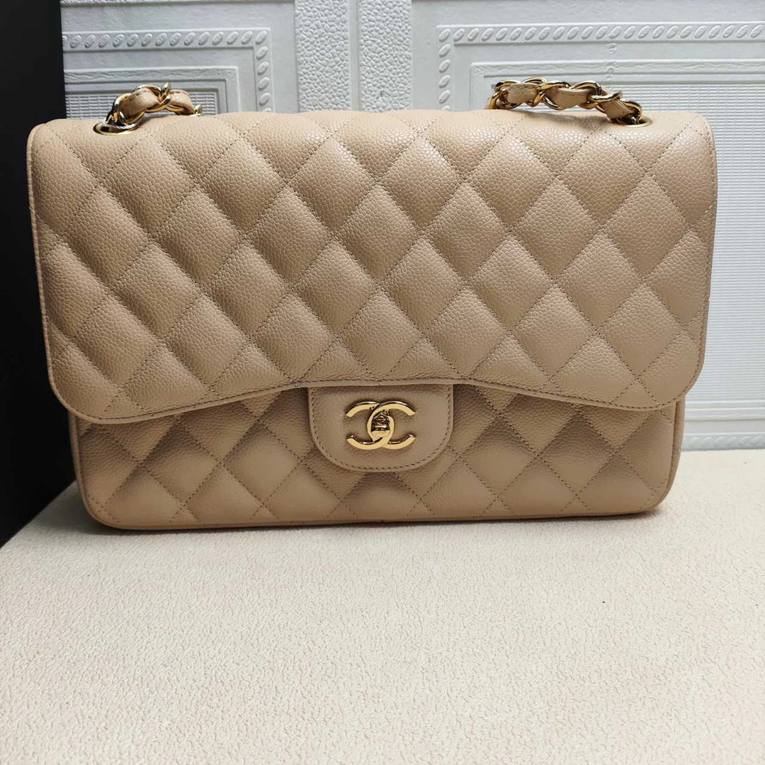 99新 Chanel/香奈儿 香奈儿牛皮荔枝纹CF JUMBO米色金扣/奶茶色