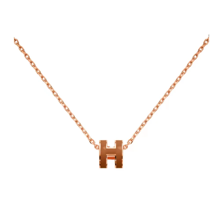 99新 Hermes/爱马仕 爱马仕H项链mini深褐色玫瑰金链/POP H 项链