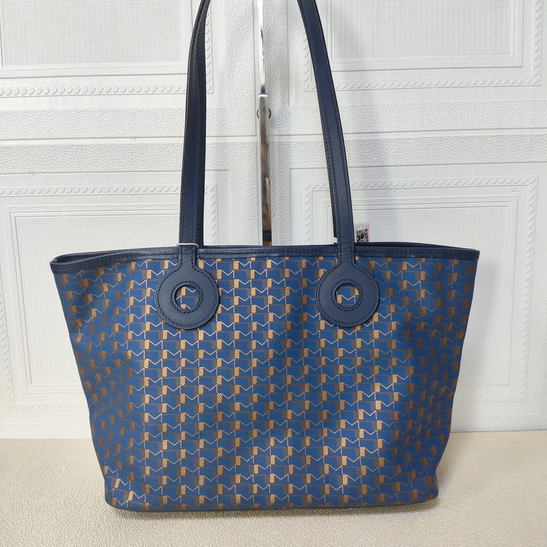 95新 MOYNAT/摩奈 麦殿甄选/莫奈涂层帆布老花购物袋底长28cm蓝色