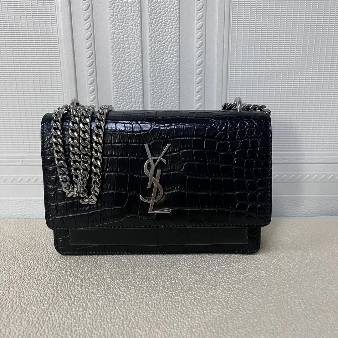 95新 YSL/圣罗兰 麦殿甄选/圣罗兰牛皮压纹链条包底长17厘米黑色