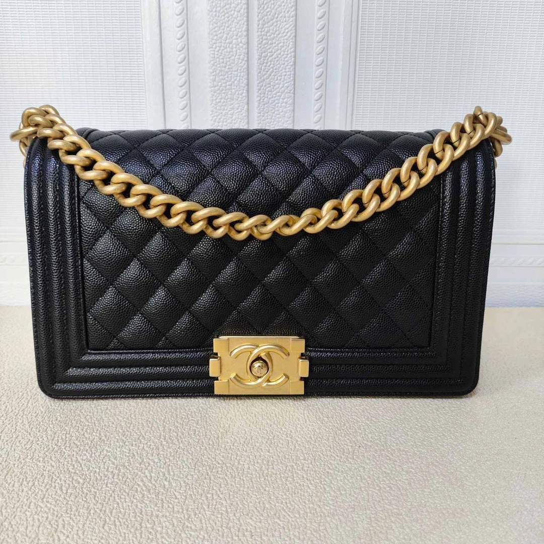95新 Chanel/香奈儿 麦殿甄选/荔枝皮Leboy底长25cm黑色金扣芯片
