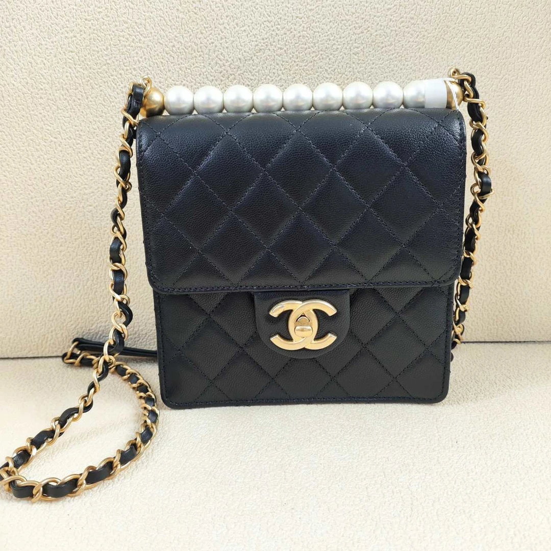 95新 Chanel/香奈儿 香奈儿山羊皮竖版cf链条包底长16黑色金扣