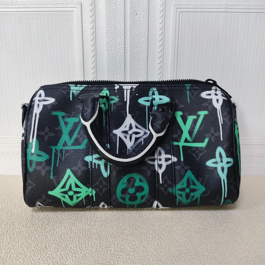99新 LV 麦殿甄选/lv涂层帆布keepall25蓝黑色/手提包