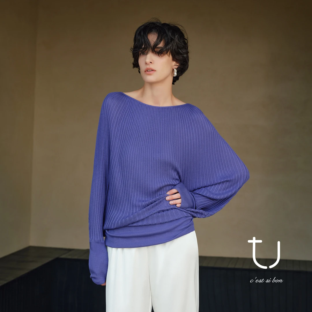 TU女装法式优雅时尚一字领针织气质收腰蝙蝠袖休闲上衣长袖针织衫