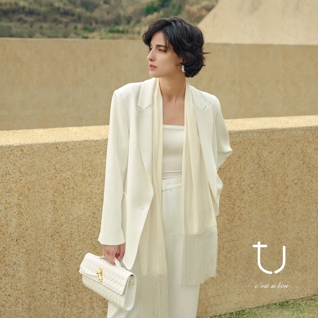 TU女装围巾领白色三醋酸西装早秋新款通勤百搭气质流苏薄款外套