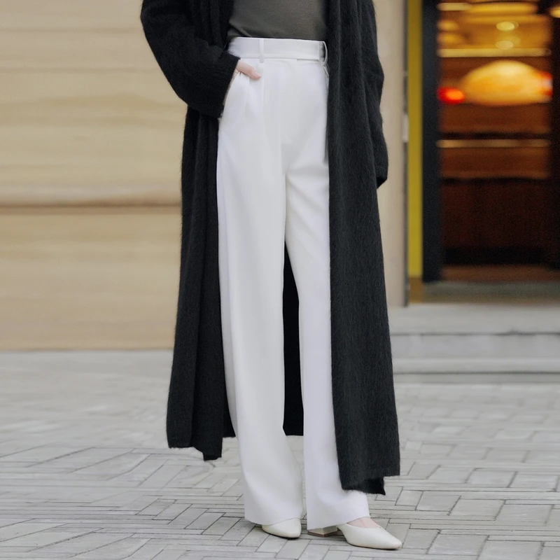 TU女装高腰羊毛阔腿裤女24秋冬新款白色百搭休闲裤显瘦直筒长裤