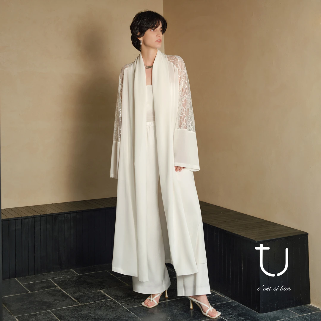 TU女装法式优雅桑蚕丝长开衫25夏季新款蕾丝复古慵懒度假风外套