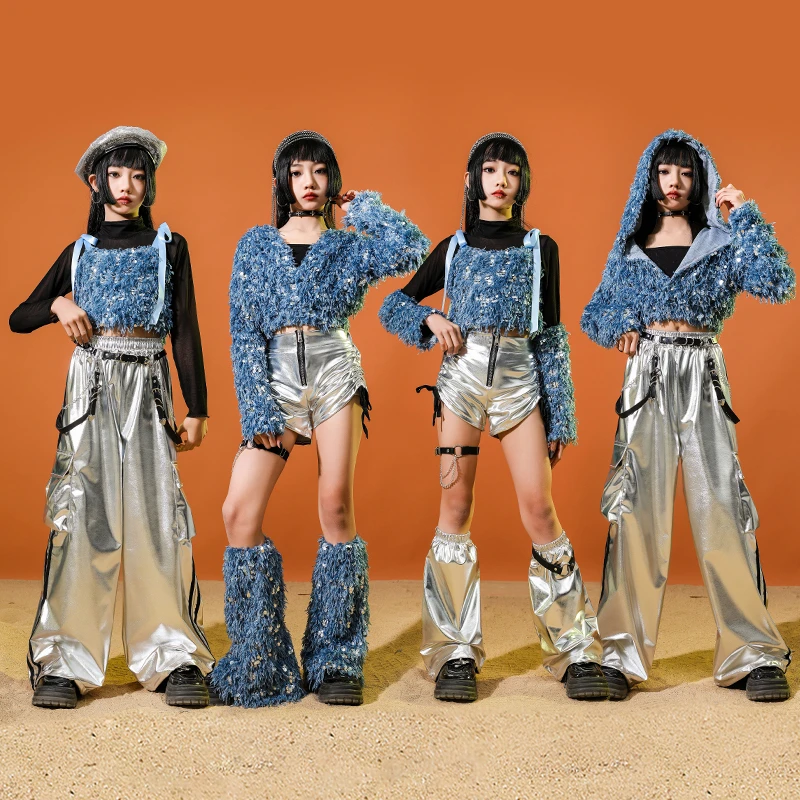 爵士舞服装女童jazz女孩蓝亮片舞蹈服儿童街舞潮服元旦儿童演出服