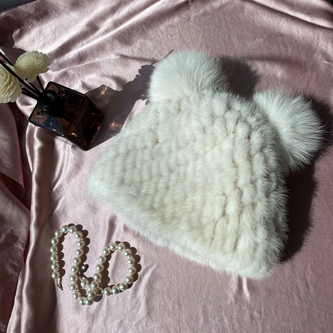 秋冬护耳帽新款进口水貂毛狐狸毛球编织小熊帽加厚保暖百搭时尚