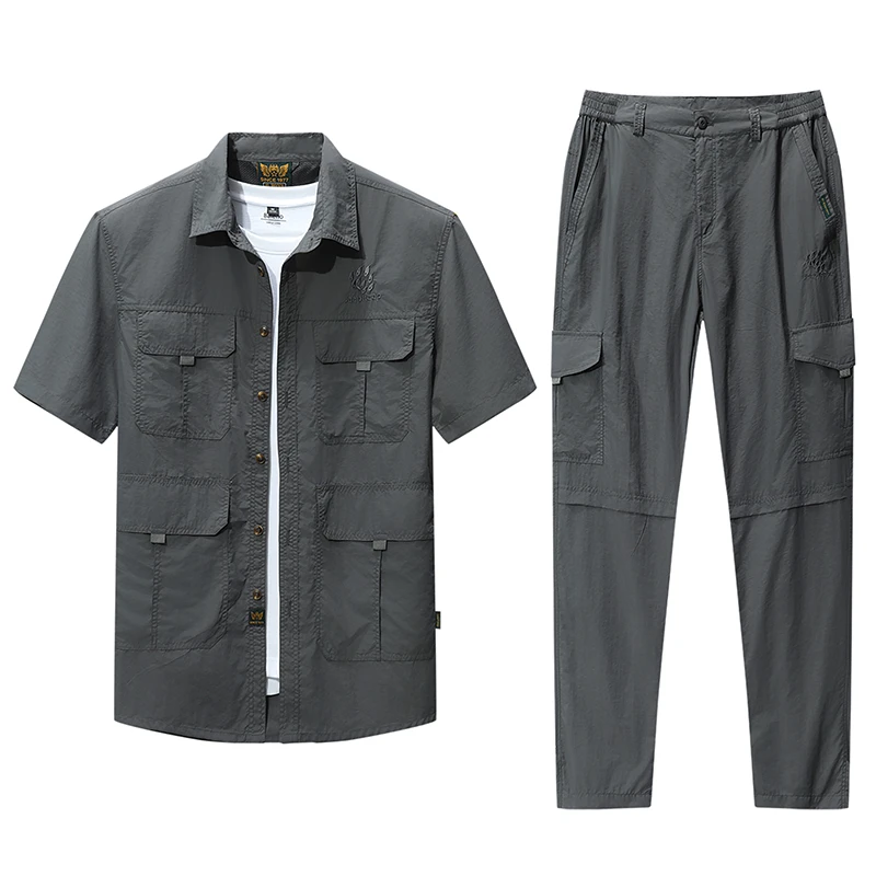 主播推荐Q03307夏季轻薄款四个口袋短袖男士套装户外时尚宽松休闲