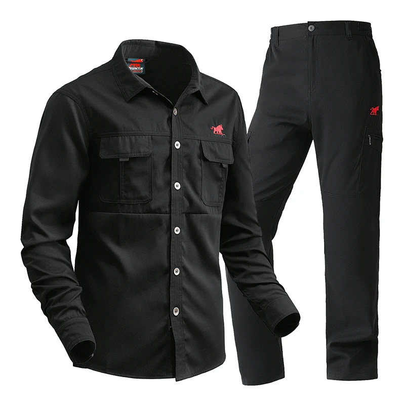 C867男士弹力套装夏季长袖休闲透气薄款宽松衬衫大码运动翻领户外