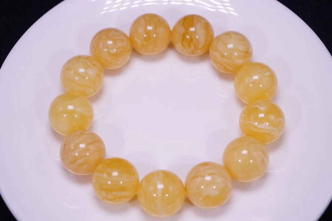 18mm俄料满蜡虎皮花蜡黄白花圆蜜蜡手串 重47克左右 多样性发一条