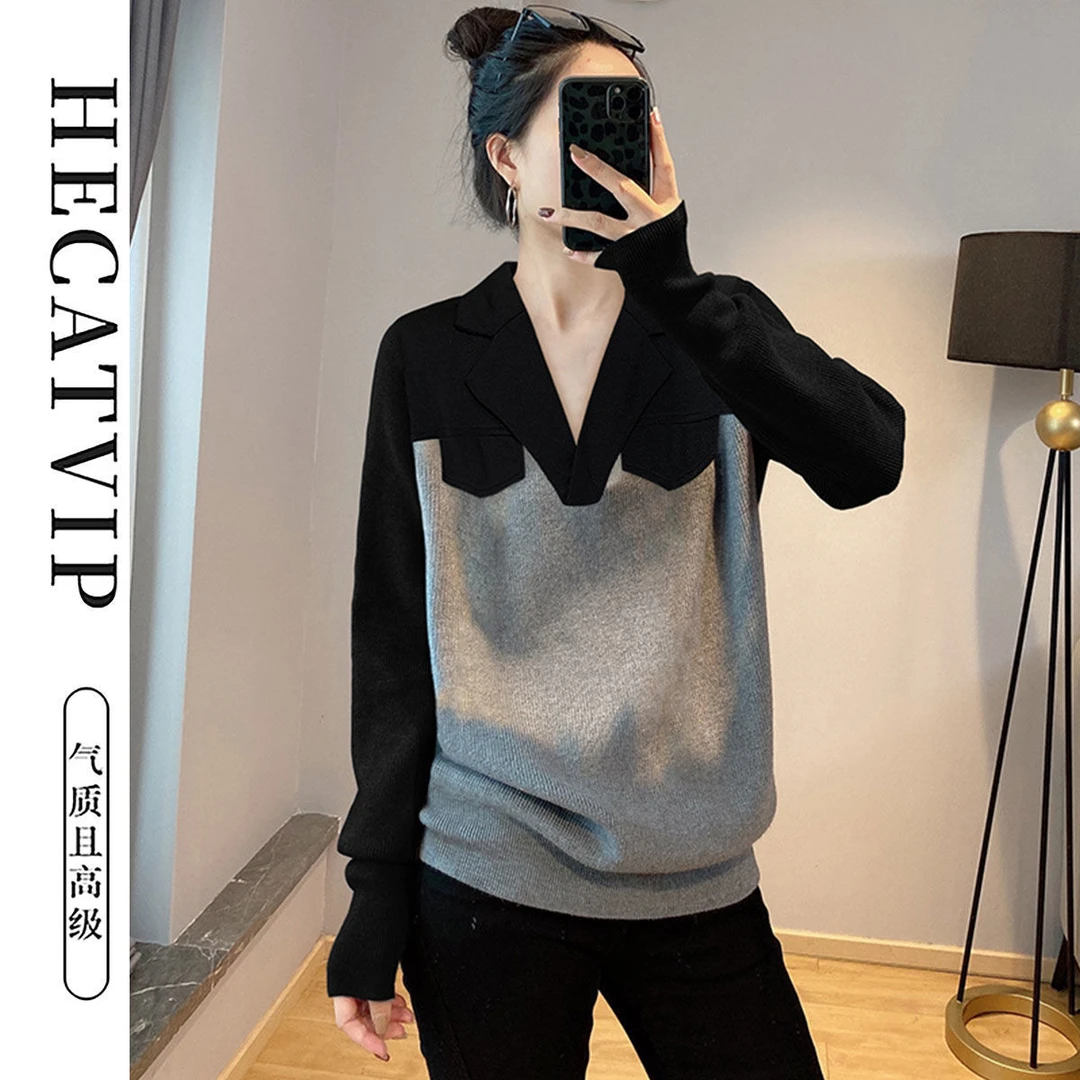 法式时尚拼接西装领保暖毛衣女秋冬23新款高级感洋气宽松针织衫