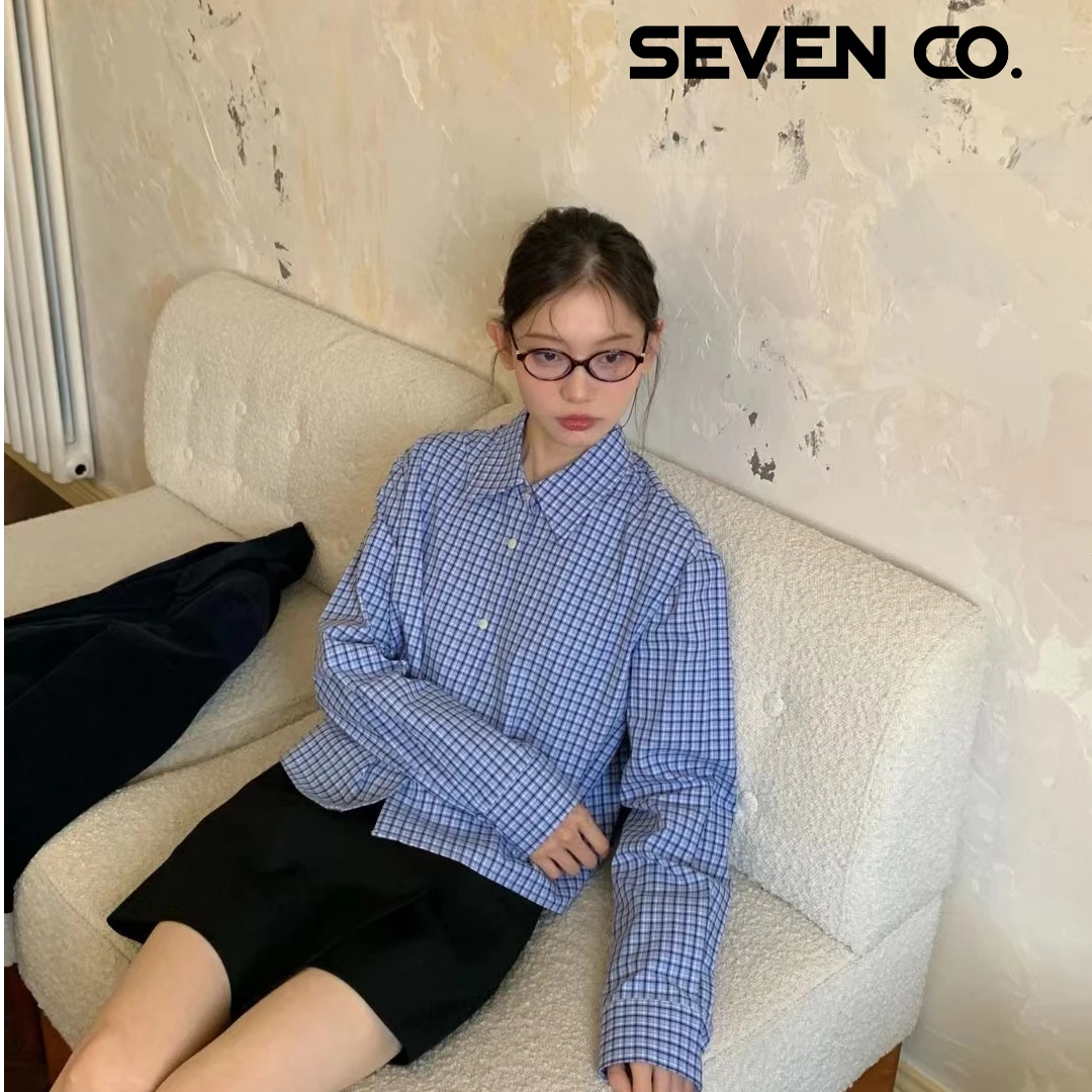 2024早秋蓝色格子纯棉衬衫