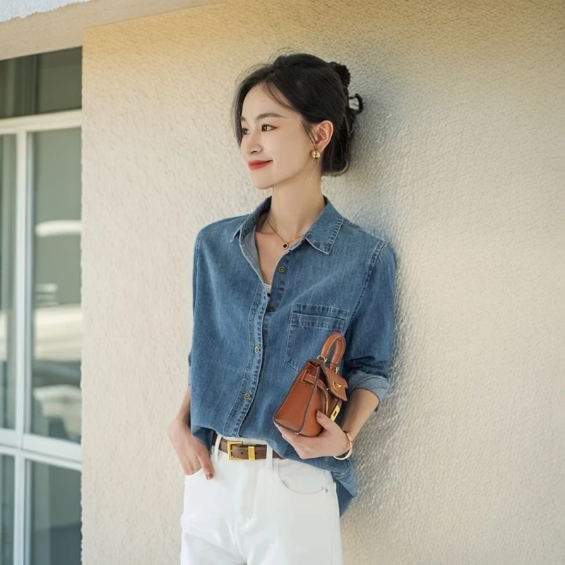 【QQNZ】牛仔衬衫女新款复古港味休闲百搭秋季衬衫女款爆款2025新款