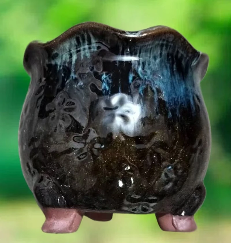 金沙釉花边口青蛙腿多肉花盆  口13高13