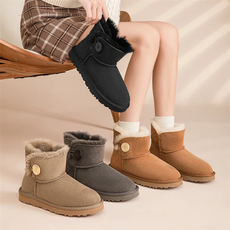 YY「低筒木扣」经典3352薄底羊皮毛一体低筒时尚保暖加绒加厚雪地靴