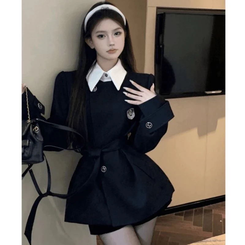 假两件拼接polo领长袖西装外套女秋季宽松绑带气质撞色学院风上衣