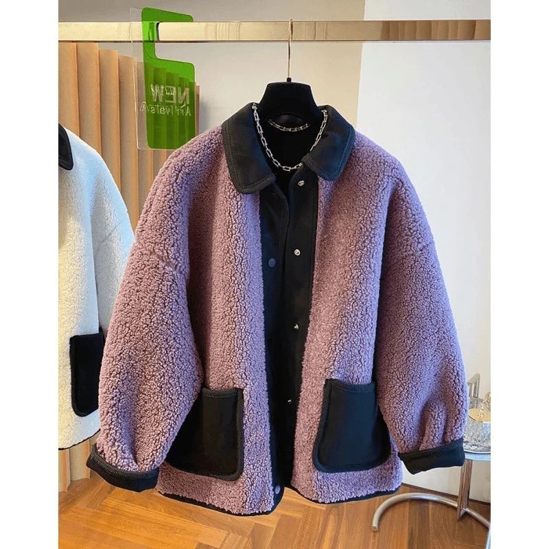 欧货撞色翻领羊羔绒外套女2024年新款秋冬加厚毛茸茸皮毛一体上衣