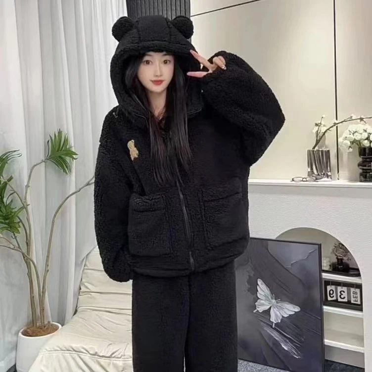 连帽小熊舒棉绒加绒加厚简约可外穿家居服款套装可外出冬季