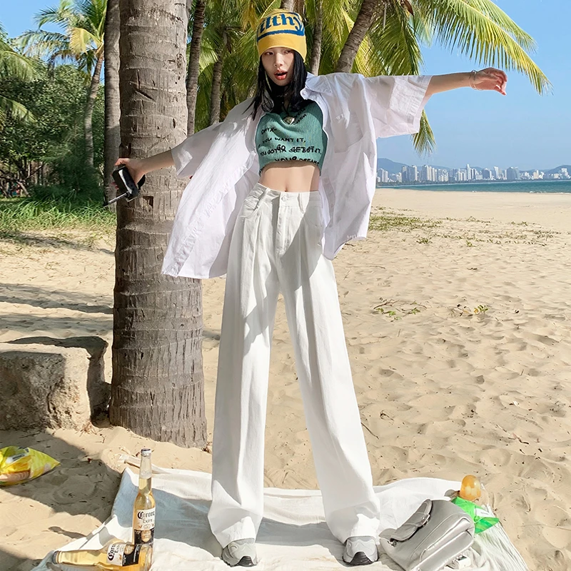 2024新款韩版牛仔裤女高腰宽松显瘦褶皱设计垂感阔腿直筒拖地长裤