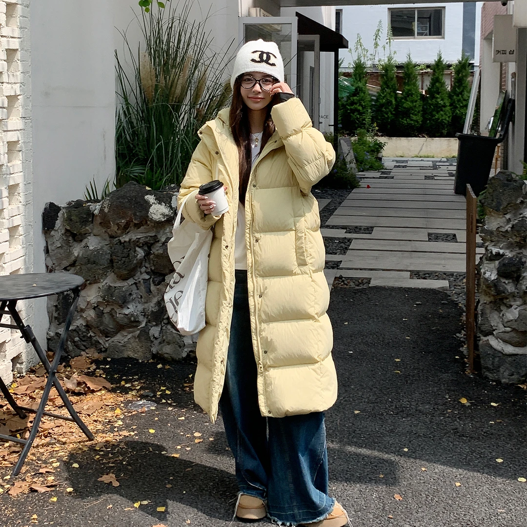 叁个黄【反季促销】冬95白鸭绒羽绒服女中长款加厚过膝连帽抗寒外套