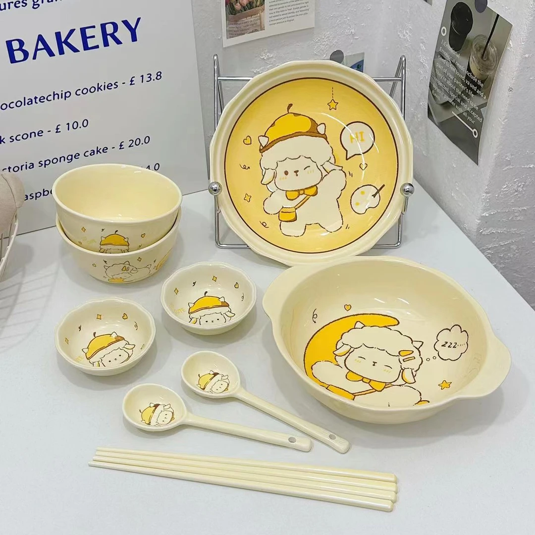 【软萌咩咩】卡通萌趣陶瓷碗盘筷子勺子味碟10件套家用餐具釉下彩