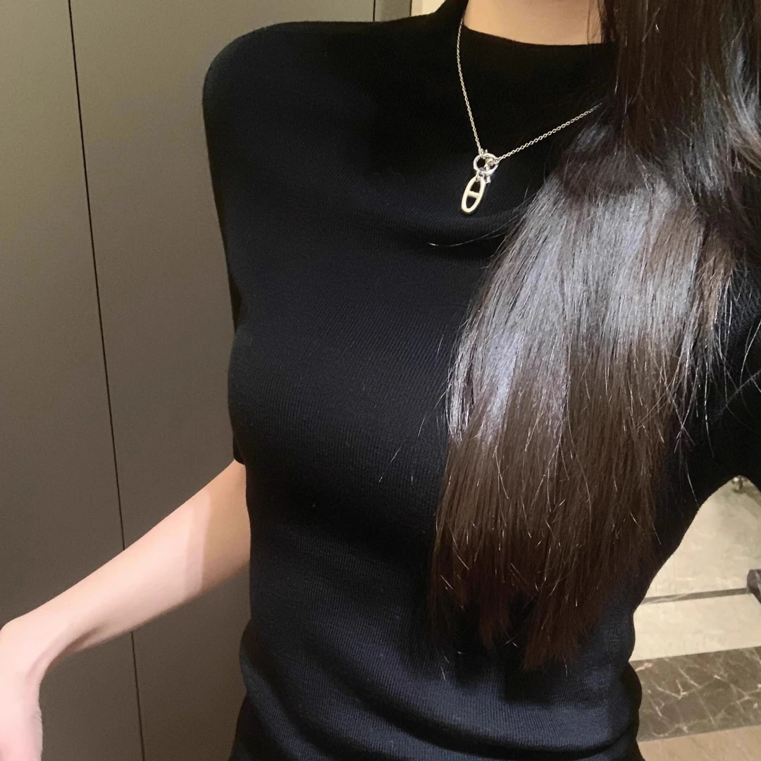 春季新品半高领五分袖打底衫女紧身薄款针织中袖气质百搭韩系上衣