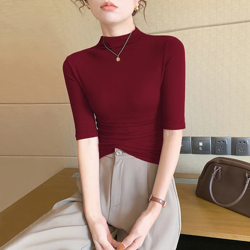 2025秋季新款轻熟风半高领中袖针织衫女修身薄款洋气打底衫上衣