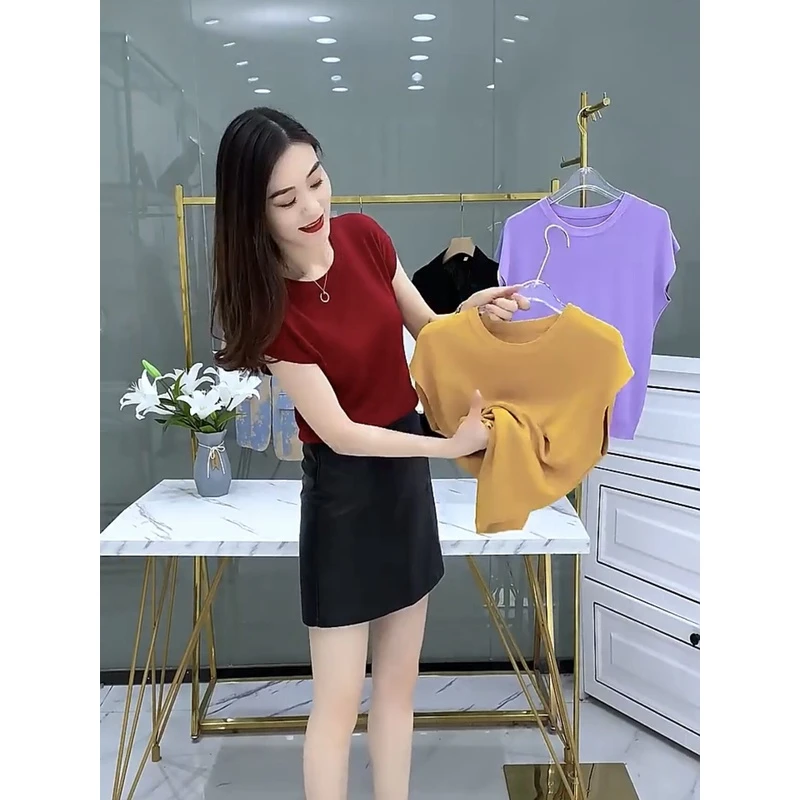 夏季薄款冰丝针织衫女半袖御姐风T恤修身气质减龄红色短袖上衣薄