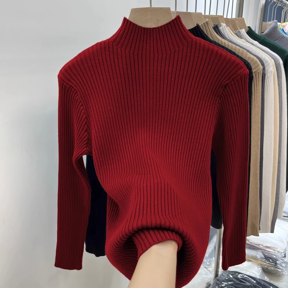 2025新款秋冬修身半高领条纹显瘦简约毛衣气质安哥拉红针织打底衫