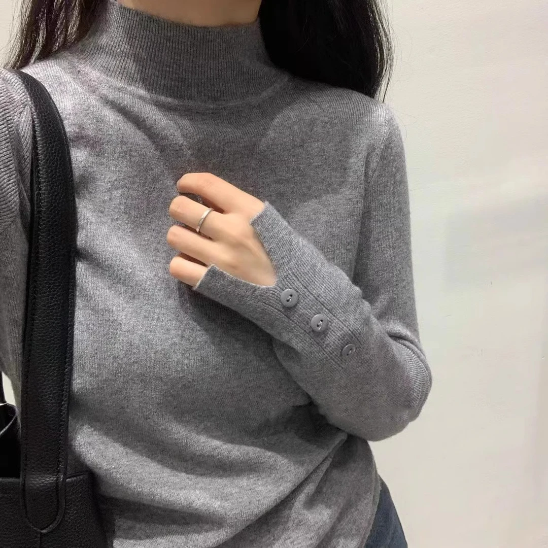 2025秋冬新款半高领羊毛针织打底衫女套头百搭修身设计感内搭毛衣