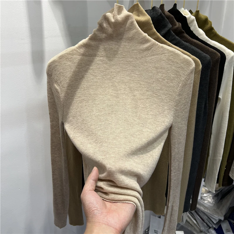 高领薄款软糯针织衫女2025秋冬上衣新款内搭打底衫弹力堆堆领毛衣