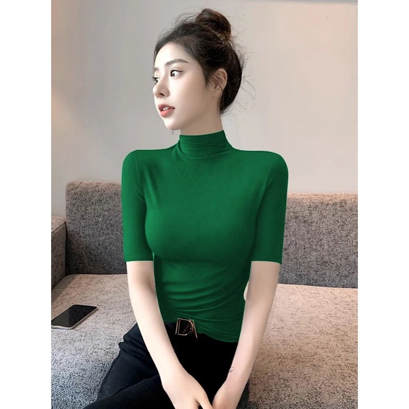 半高领五分袖打底衫女春秋内搭绿色上衣洋气修身紧身中领针织毛衣