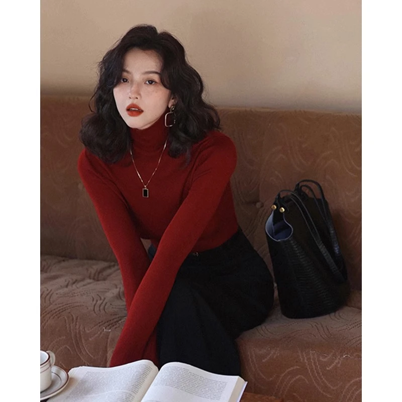 圣诞红高领内搭毛衣女2025秋冬新款法式复古针织衫紧身软糯打底衫