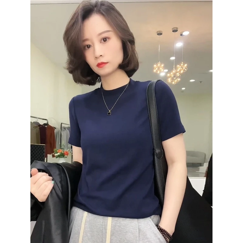 冰丝短袖女T恤薄款修身半高领洋气2025夏季显瘦新款纯色上衣