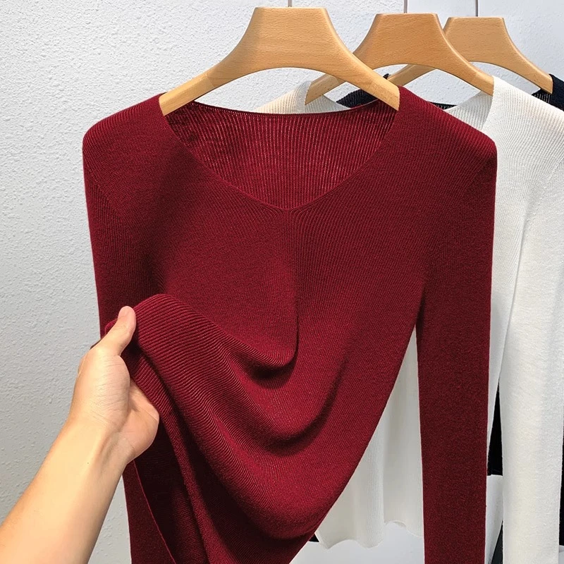 2025新款修身性感V领打底衫女洋气安哥拉红毛衣简约百搭针织上衣