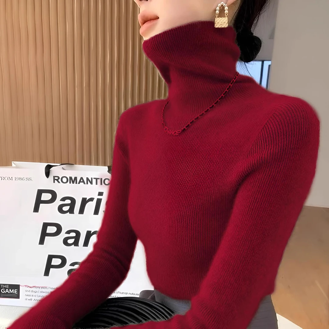 轻熟风堆堆领打底衫女秋冬内搭修身安哥拉红毛衣高领羊毛针织上衣