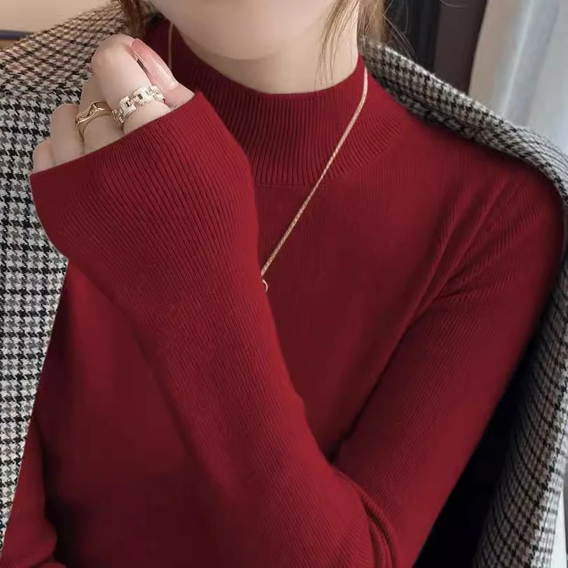 安哥拉红羊毛打底衫女秋冬大衣内搭修身半高领毛衣洋气显瘦针织衫