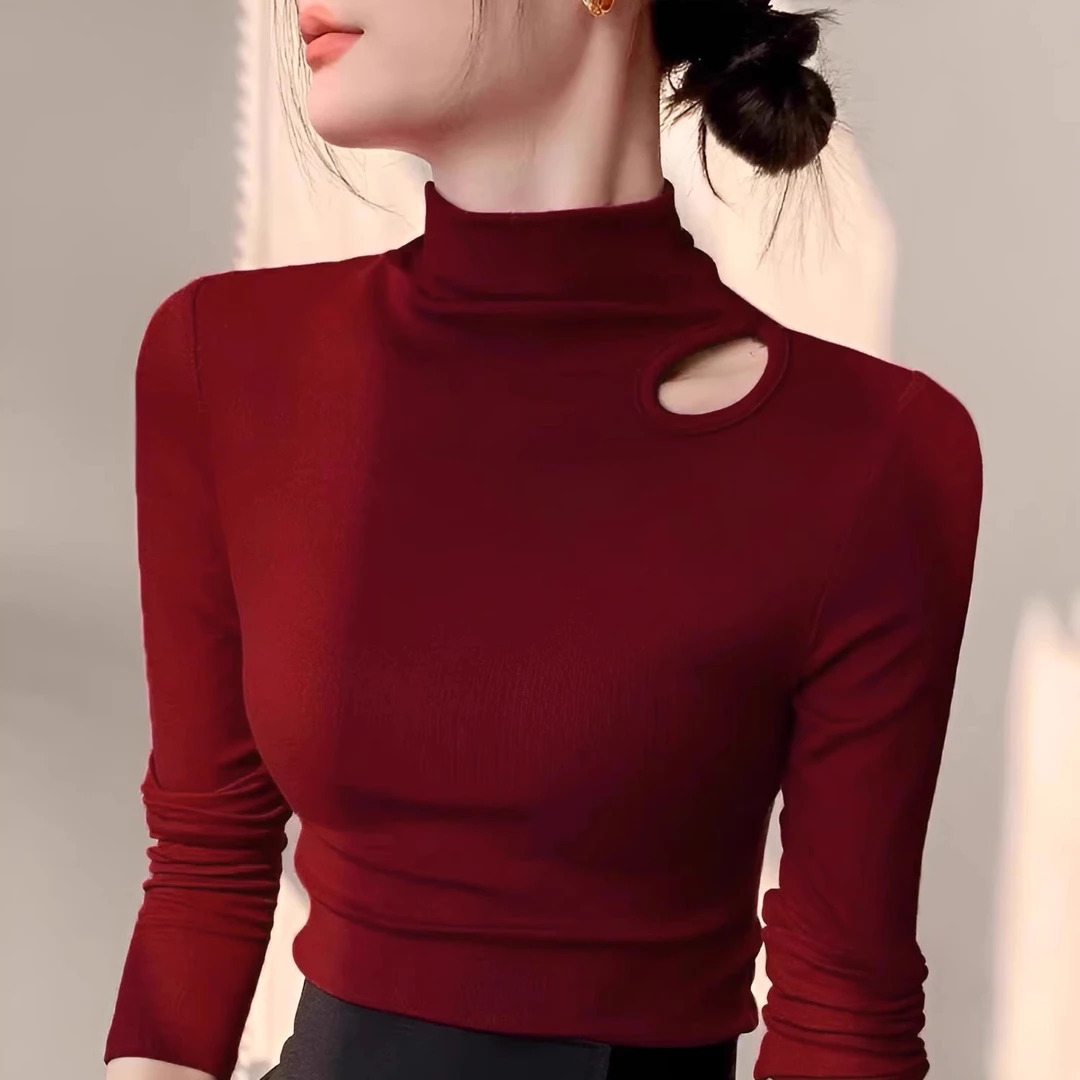 打底衫女春秋内搭修身薄款安哥拉红上衣洋气半高领设计感镂空针织