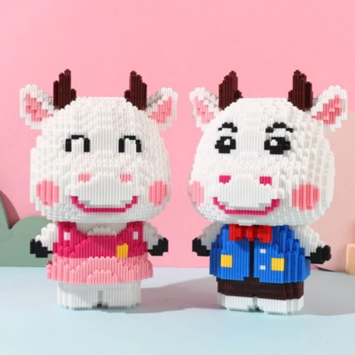 蓝色奶牛/粉色奶牛/福字福牛小颗粒串联积木拼装玩具高难度礼物