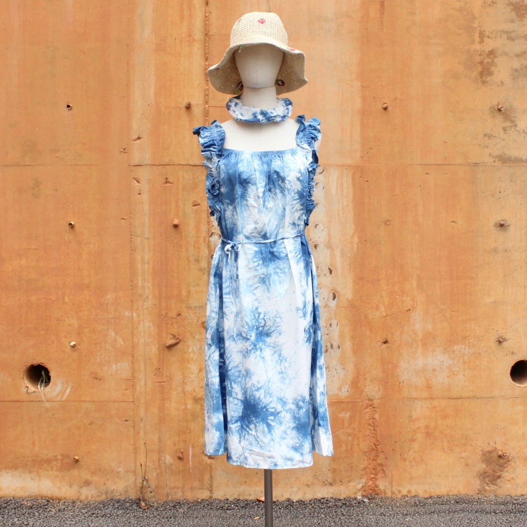 云南大理扎染连衣裙短款送发圈R9旅游度假出片女装连衣裙蓝色