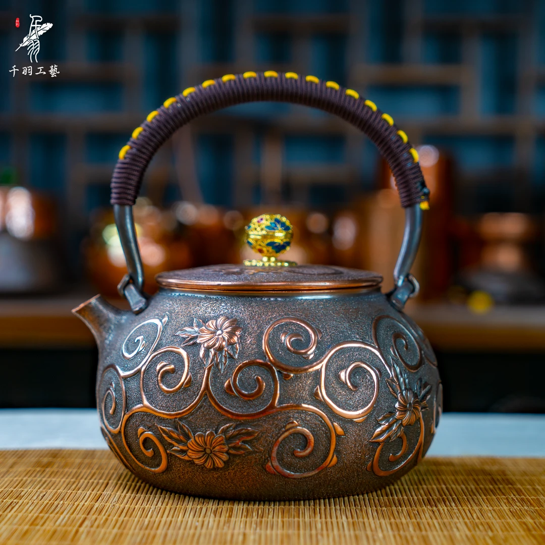 【千羽铜壶】700ML缠枝莲錾刻一张打烧水壶煮茶壶手工锤纹加厚茶具