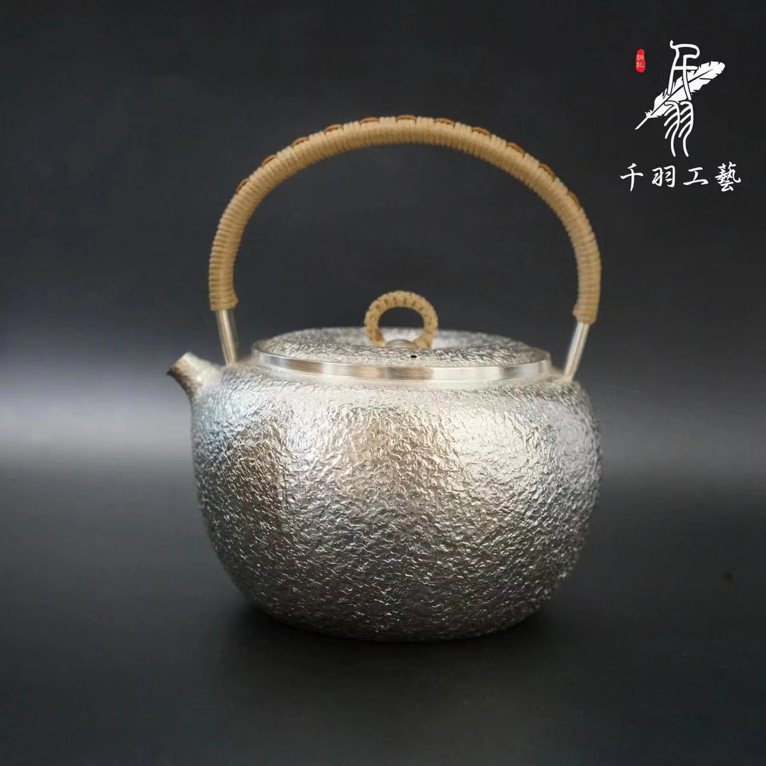 【千羽银壶】足银999提梁壶烧水壶煮茶壶煮水家用纯手工锤纹收藏
