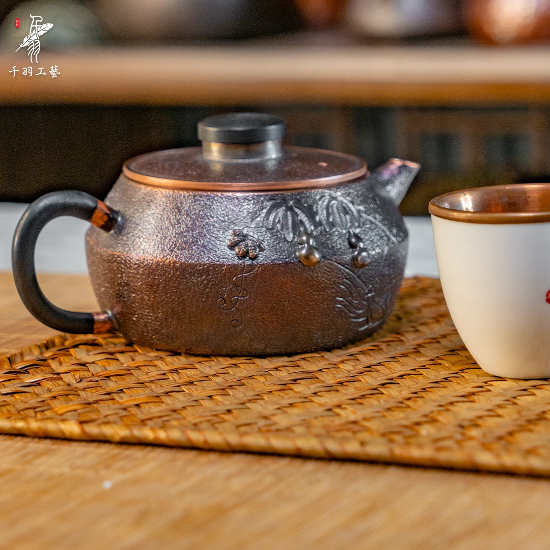 【千羽铜壶】300ML做旧錾刻冲泡壶复古纯手工锤纹精品茶具茶器